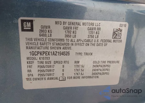 2010 Chevrolet Silverado 1500 Work Truck from USA, damaged, VIN 1GCPKPEX1AZ194526